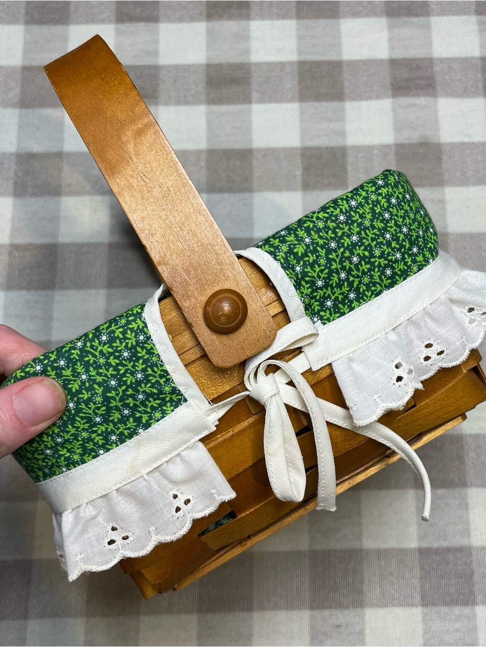 Green Floral Fabric Lined Wooden Storage Basket with White Eyelet Trim